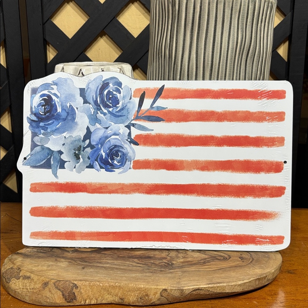 Open Road Metal Sign American Flag with Flowers NIP